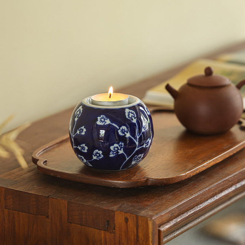 Blue and White Porcelain Sphere Tea Light Candle Holder