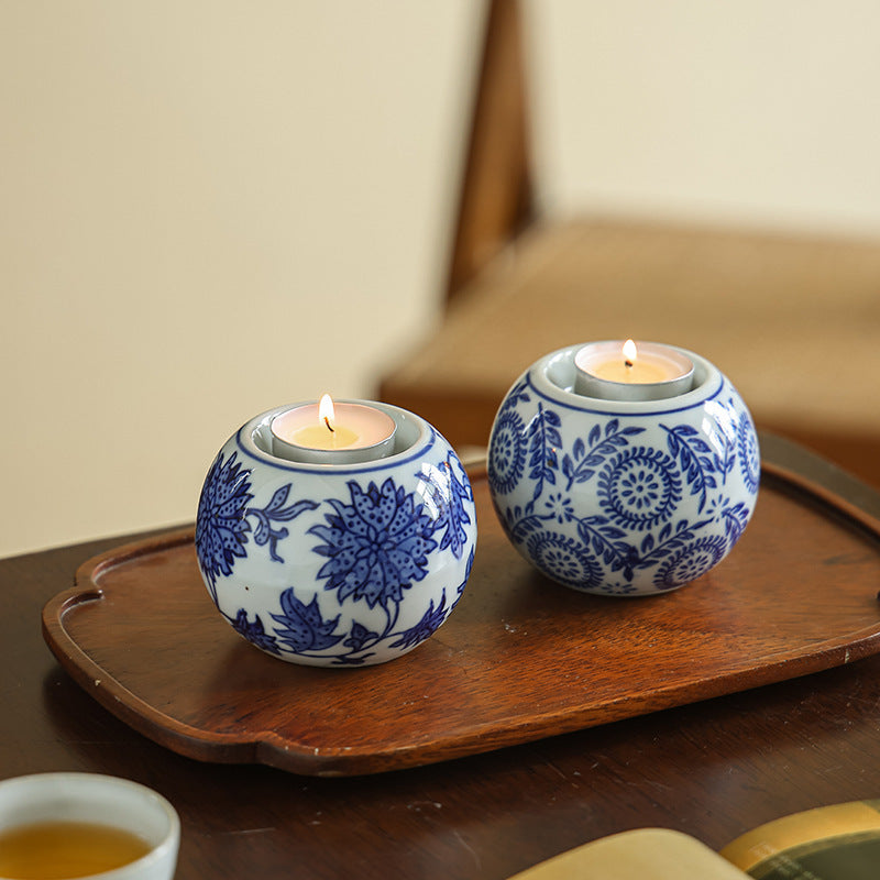 Blue and White Porcelain Sphere Tea Light Candle Holder