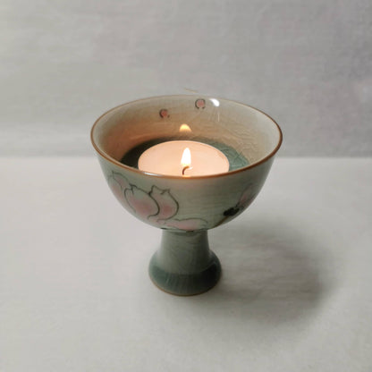 Crackle Glaze Hand-Painted Magnolia Tea Light Holder